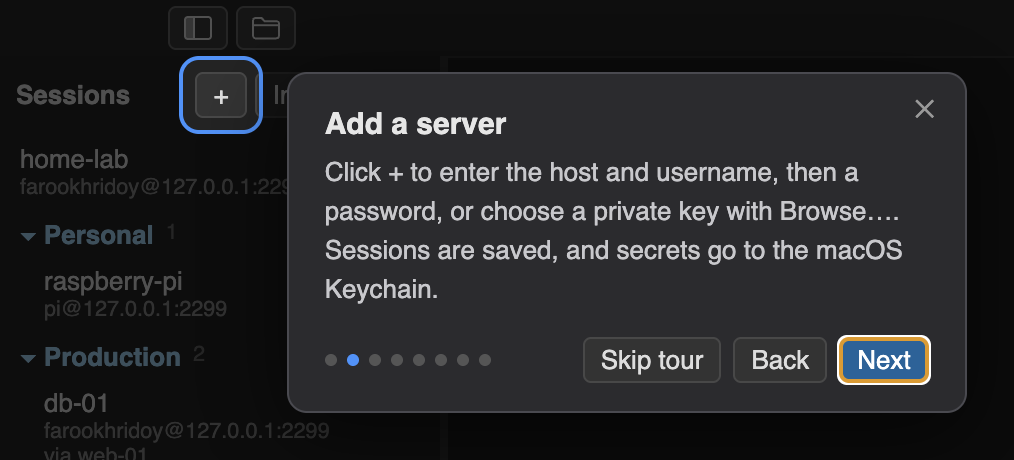The quick tour highlighting the Add a server button